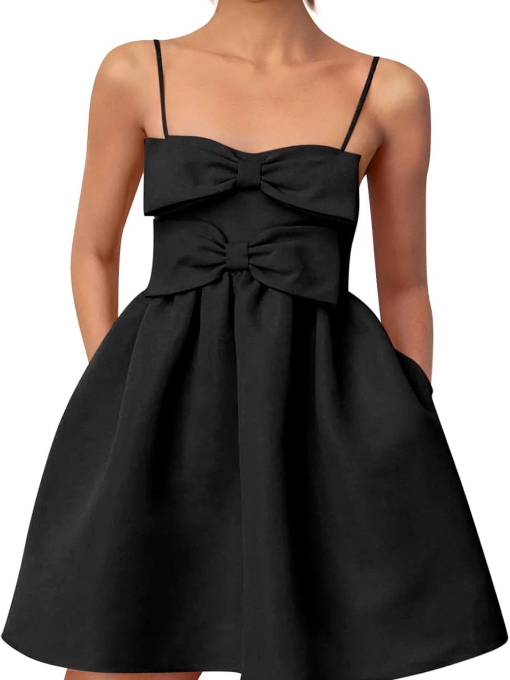 Black Bow-Accent Spaghetti Strap A-Line Dress